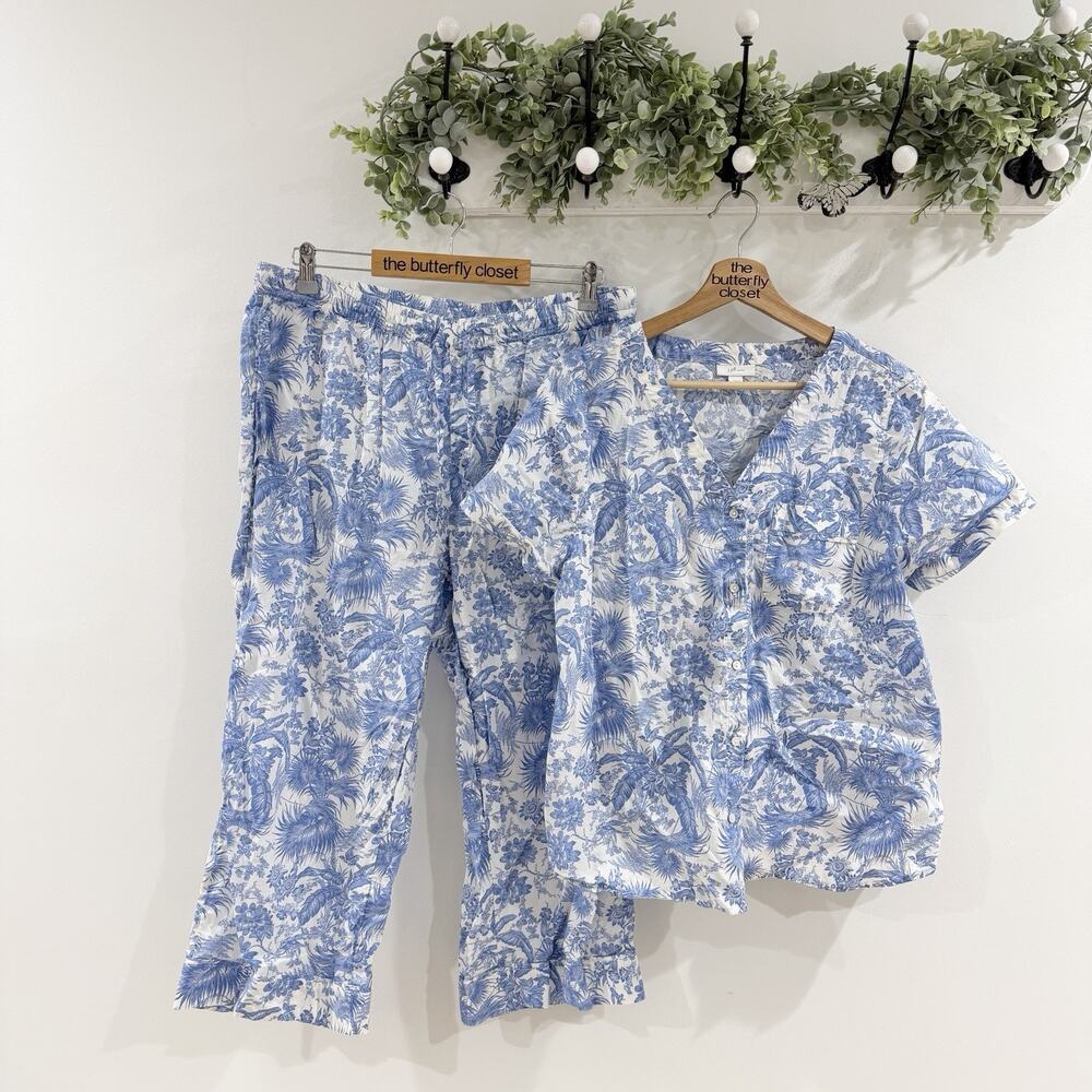 J. Jill Blue Floral Sleep Pajama Set Shirt And Pants Large PB